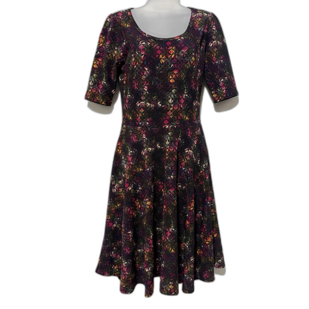LuLaRoe Nicole Dress Medium M Fit & Flare Abstract Floral Print Short Sleeve